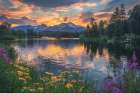 Tranquil mountain lake in spring with flowers at sunrise or sunset. (AI Generated) Art Print